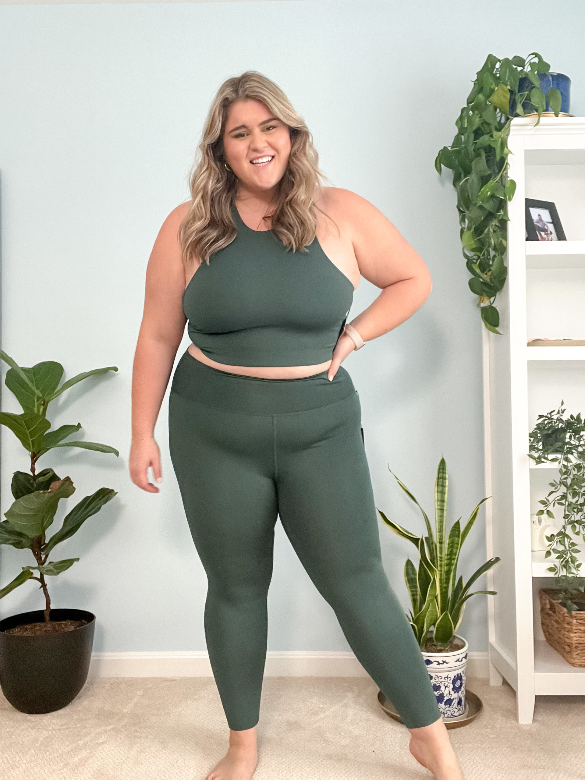 Athleta and Girlfriend Collective plus-size leggings arranged side by side on a neutral background