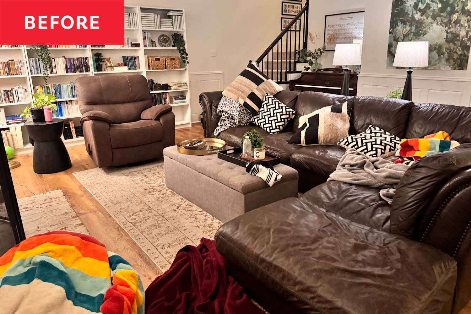 Before and after living room transformation from 15-minute morning tidy routine