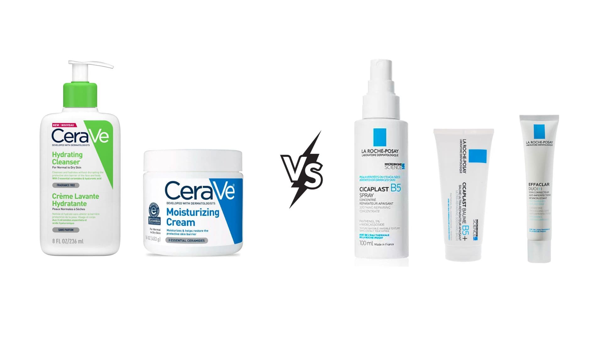 CeraVe and La Roche-Posay skincare products arranged side by side for comparison