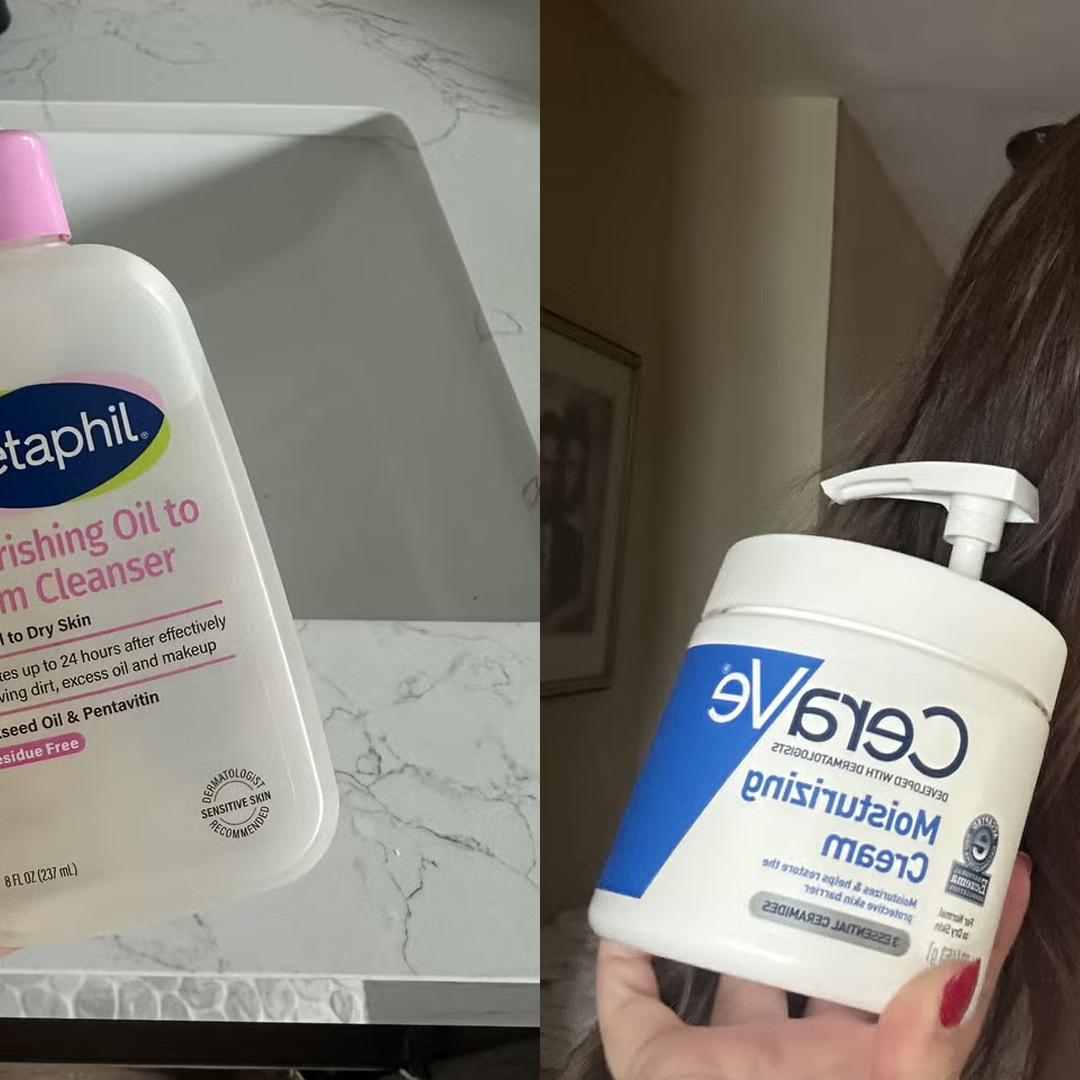 Cetaphil Moisturizing Cream and CeraVe Moisturizing Cream tubs placed side by side on a beige linen background