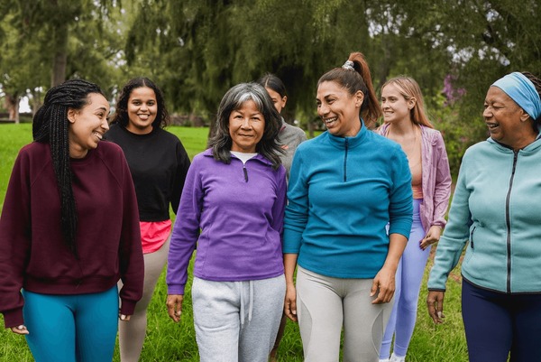 Collage of diverse plus-size women enjoying swimming, dancing, biking, hiking, and resistance band exercises