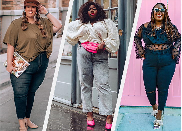 Comparison flat lay of Eloquii, Universal Standard, and Torrid plus-size denim with price tags