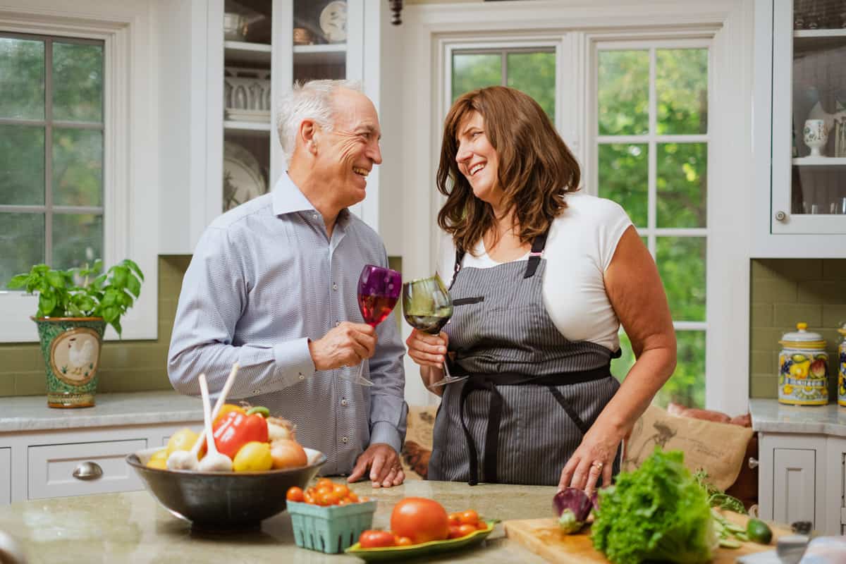 Couple cooking together during a cozy date night at home
