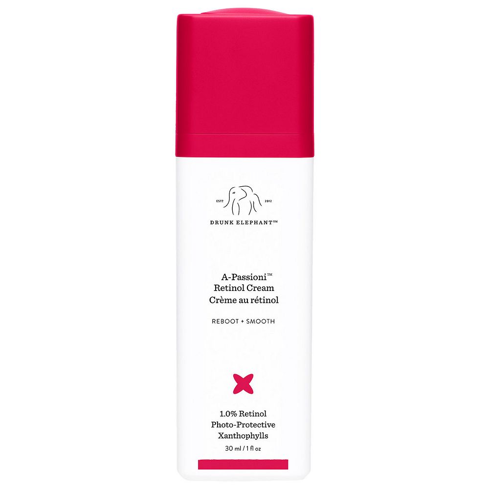 Drunk Elephant A-Passioni Retinol Cream as part of a nighttime skincare routine flat lay