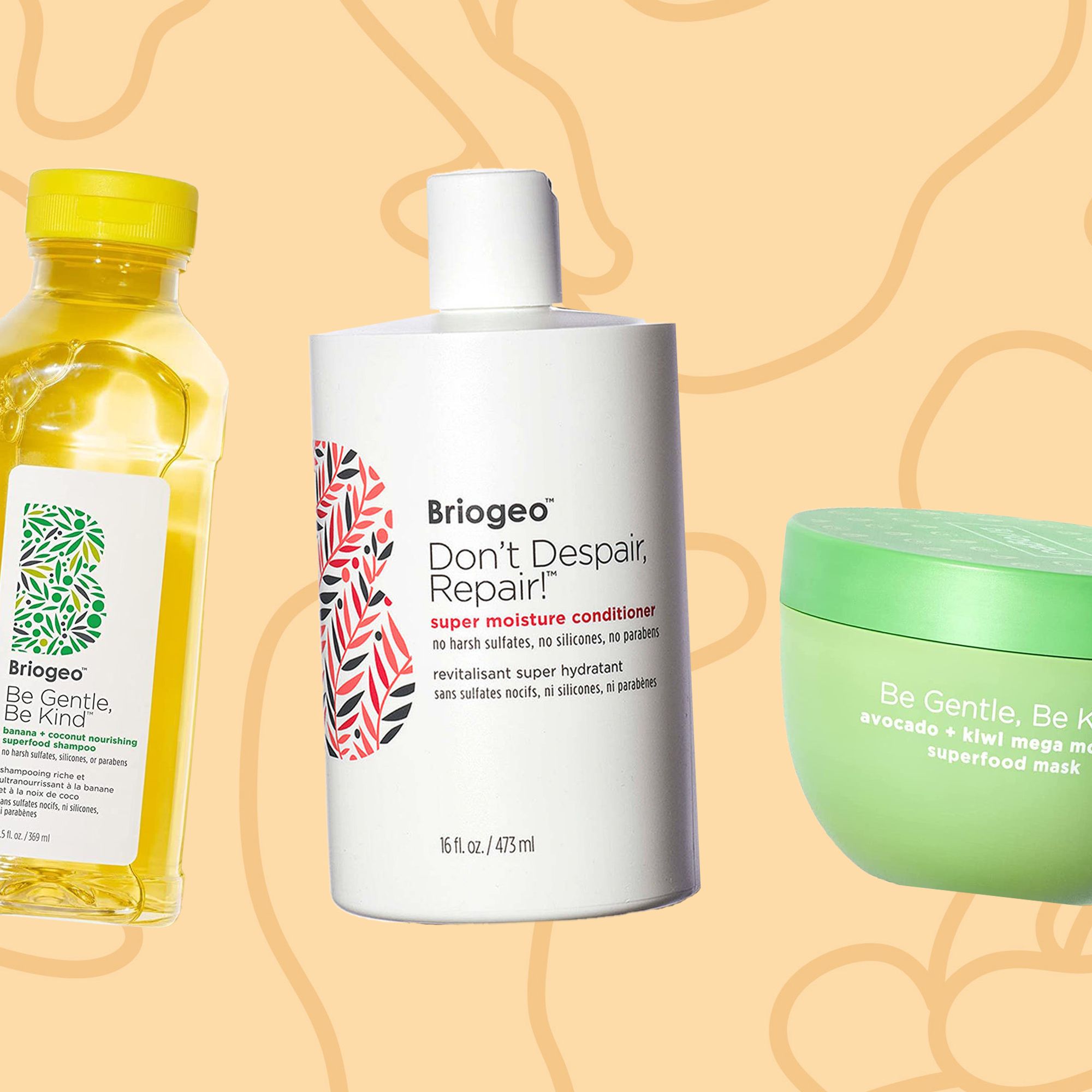 Five best-selling Briogeo hair care products in editorial product grid