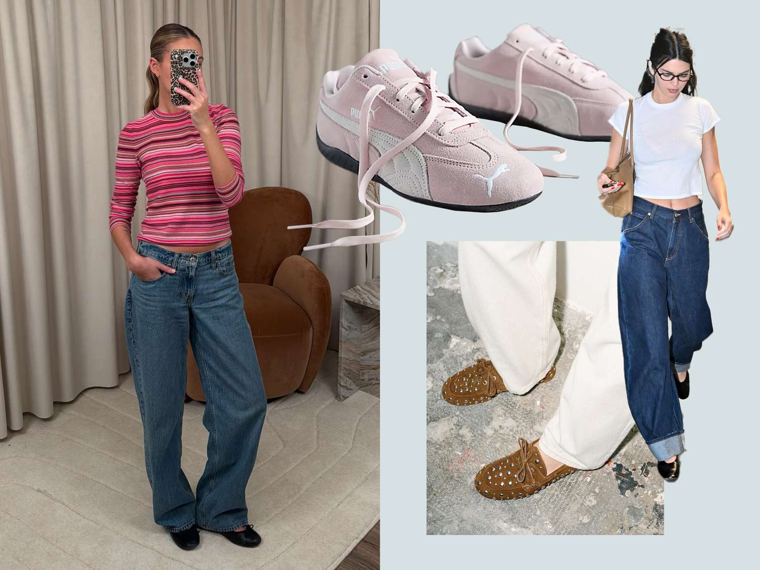 Four shoe options paired with plus-size baggy jeans in flat-lay editorial layout
