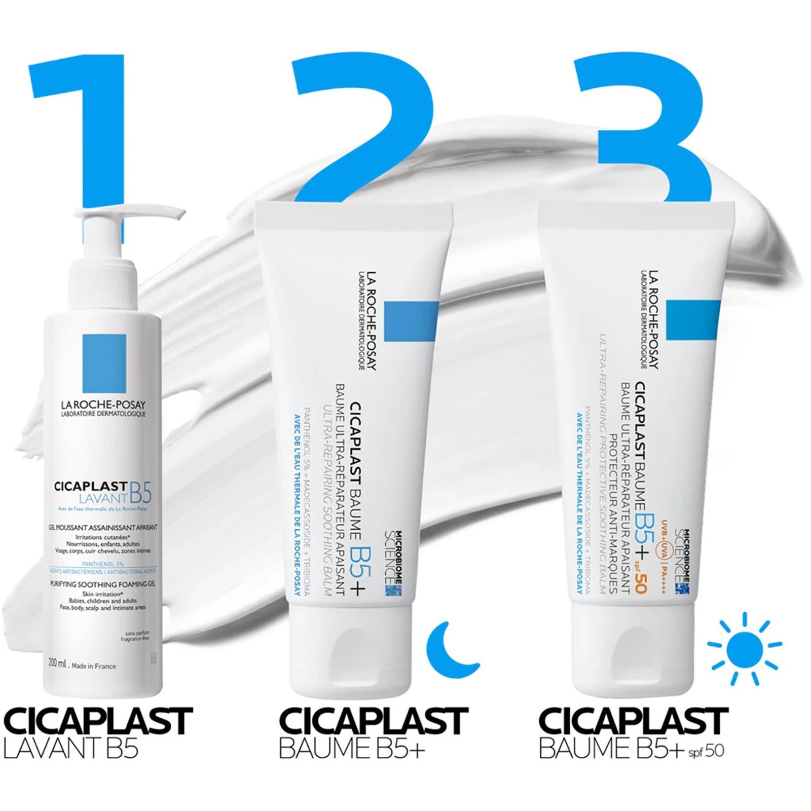 La Roche-Posay Anthelios sunscreen, Effaclar Duo, and Cicaplast Baume B5 product trio