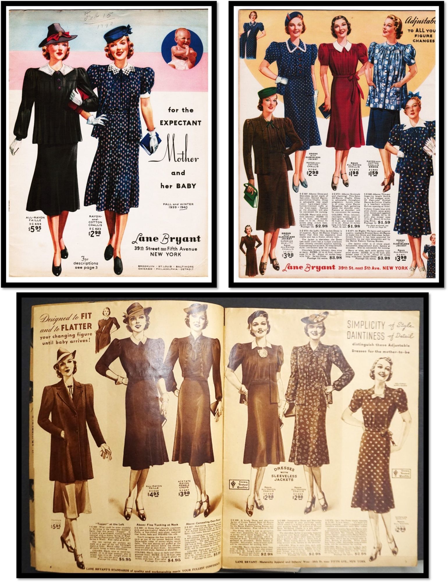 Lane Bryant archival maternity dress and a modern Lane Bryant denim look side by side as a 120-year brand timeline