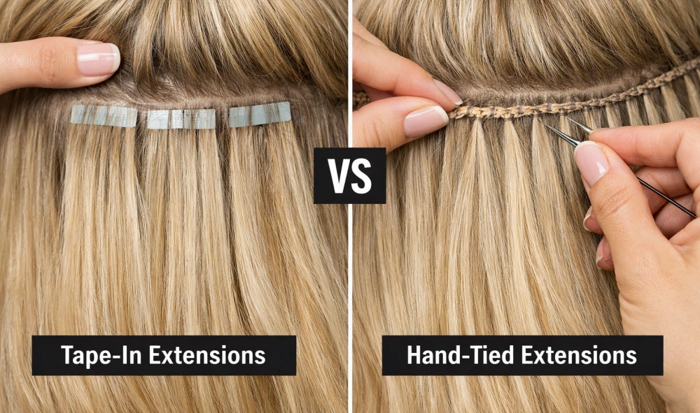 Mid-range tape-in or hand-tied weft extensions freshly installed
