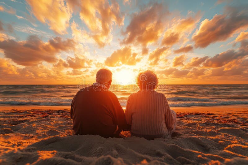 Older couple sitting together on a beach at sunset, peaceful and content