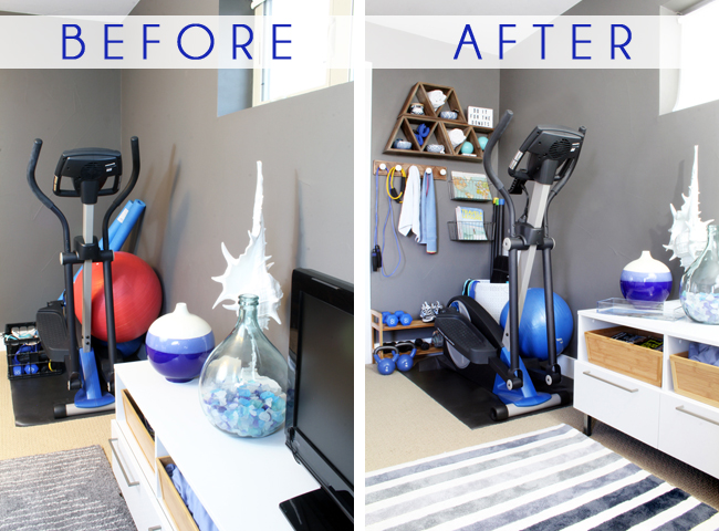 Organized home workout corner with mat, resistance bands, dumbbells, and water bottle
