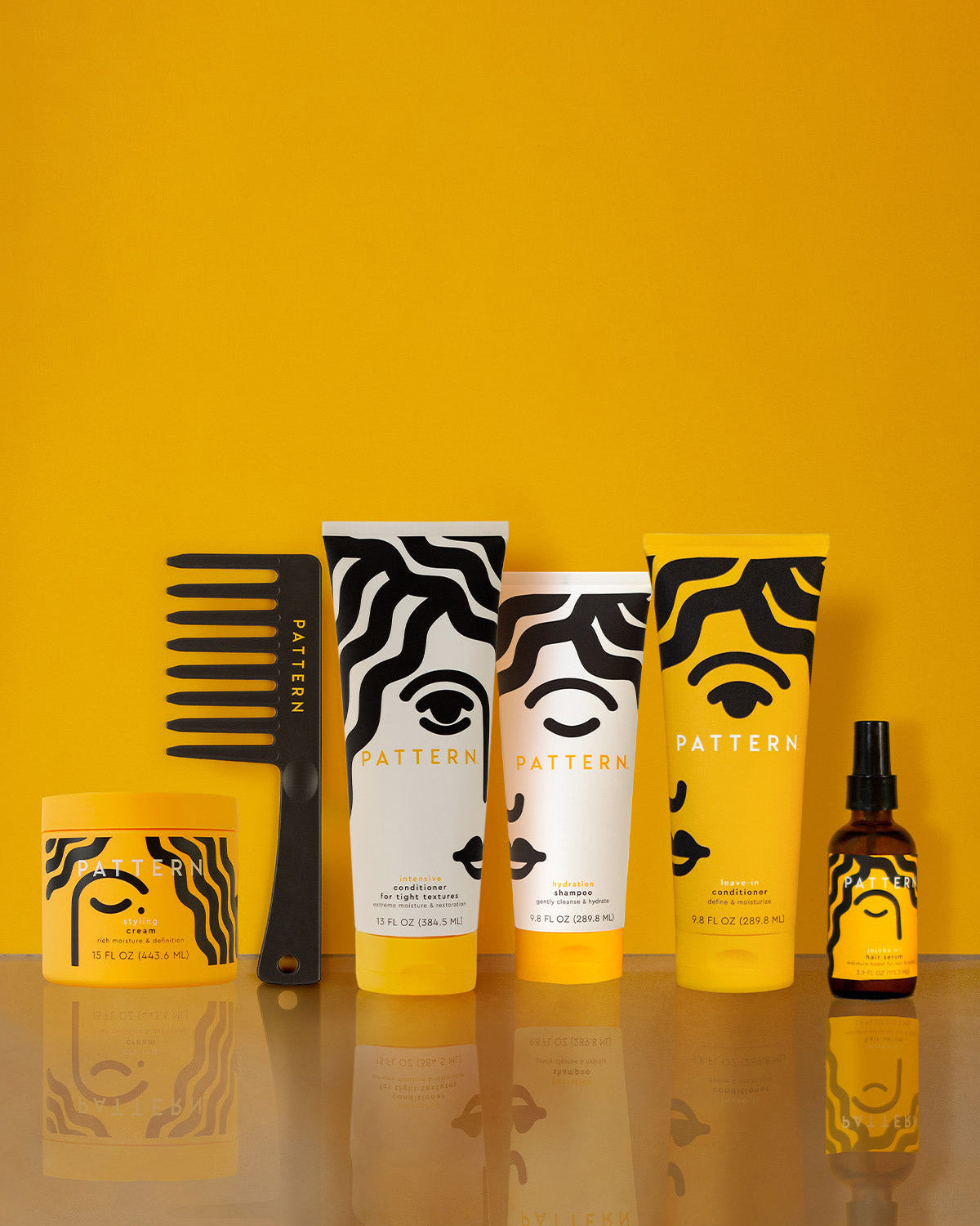 Pattern Beauty's five core products laid out as a brand-block editorial grid