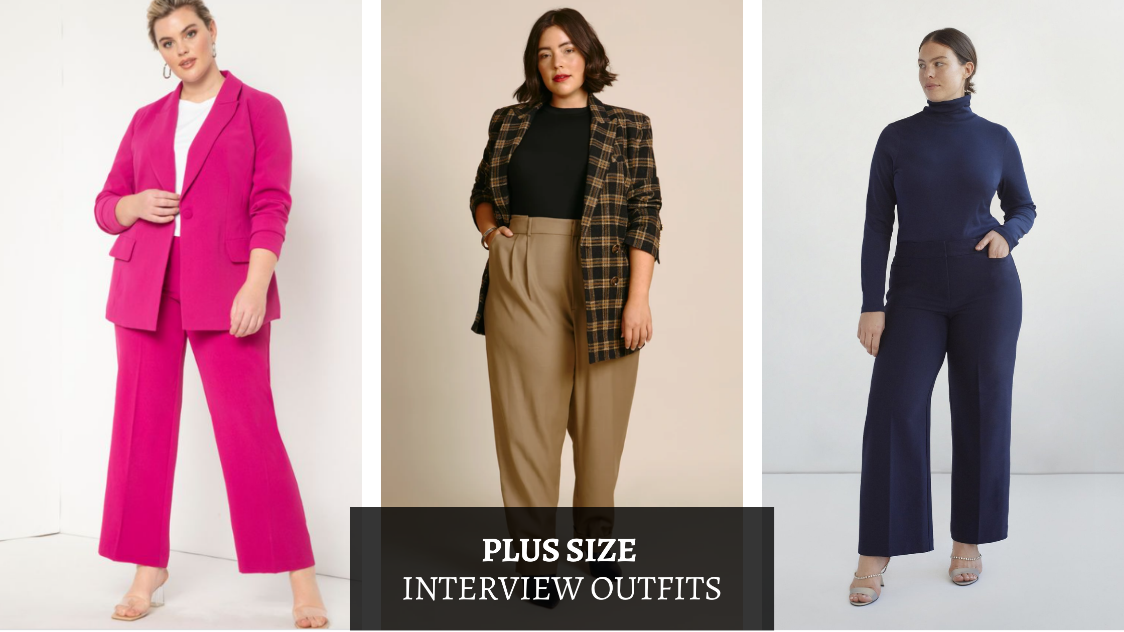 Plus-size candidate in mock-neck and crepe trousers for early stage startup interview