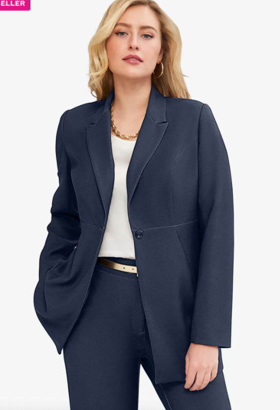 Plus-size candidate in navy tailored suit alternative for corporate finance interview