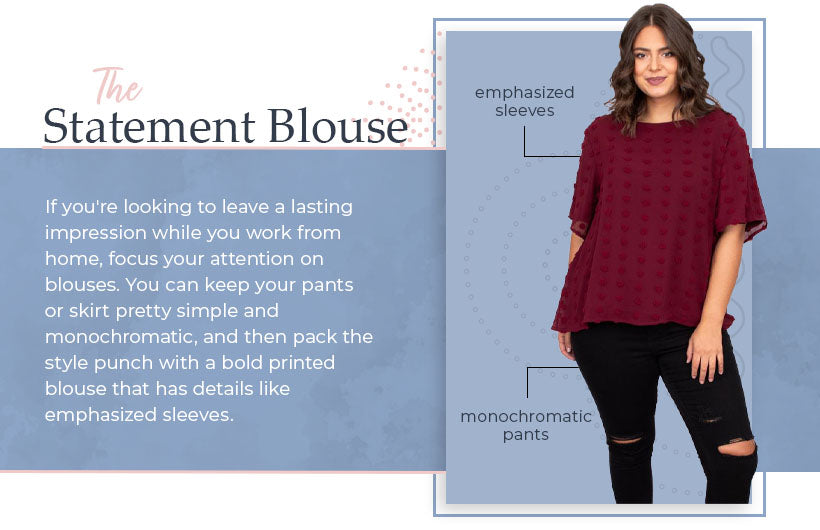 Plus-size candidate in sapphire silk blouse styled for a Zoom video interview