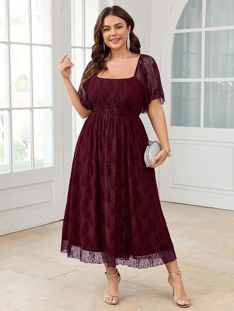 Plus-size guest in burgundy midi dress for cocktail wedding