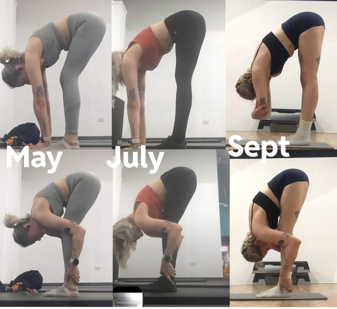 Progress comparison of a plus-size woman's forward fold flexibility showing improvement over time