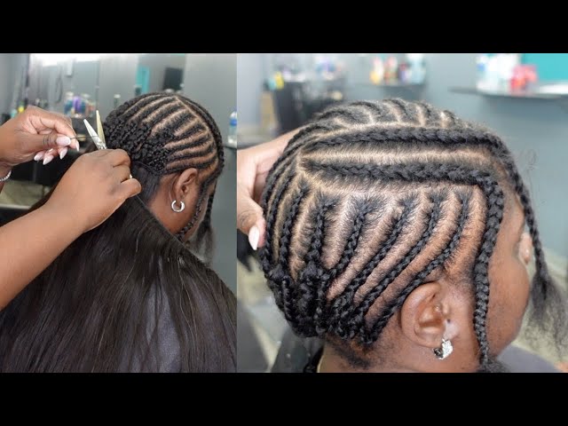 Stylist braiding a foundation pattern before installing a sew in