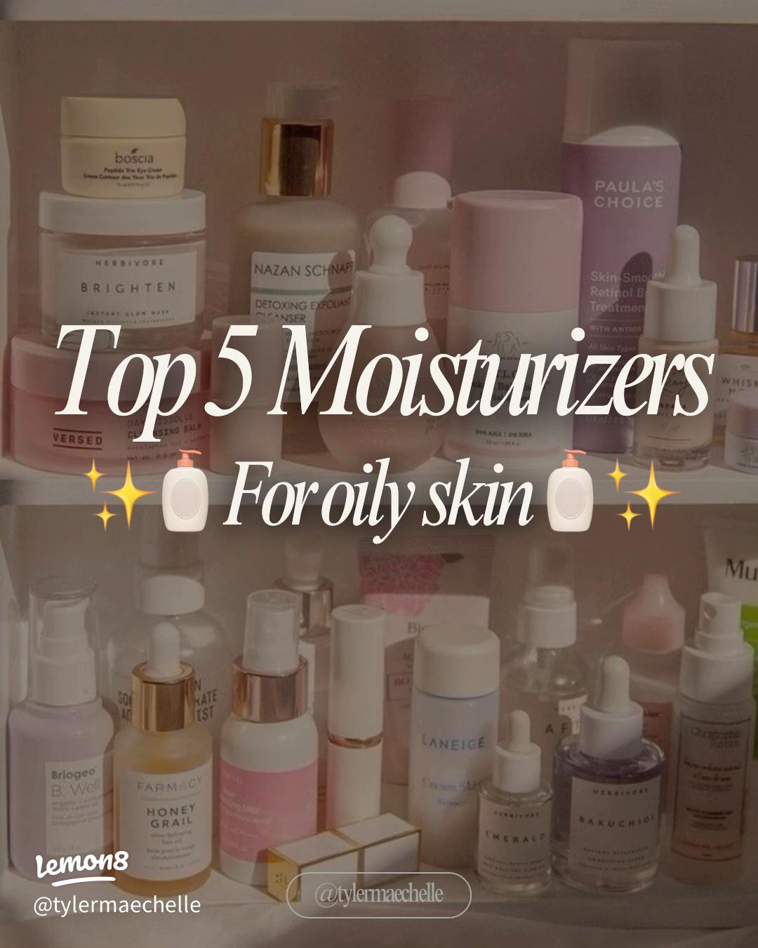 Three oily-skin moisturizers grouped by price tier on a flat lay surface