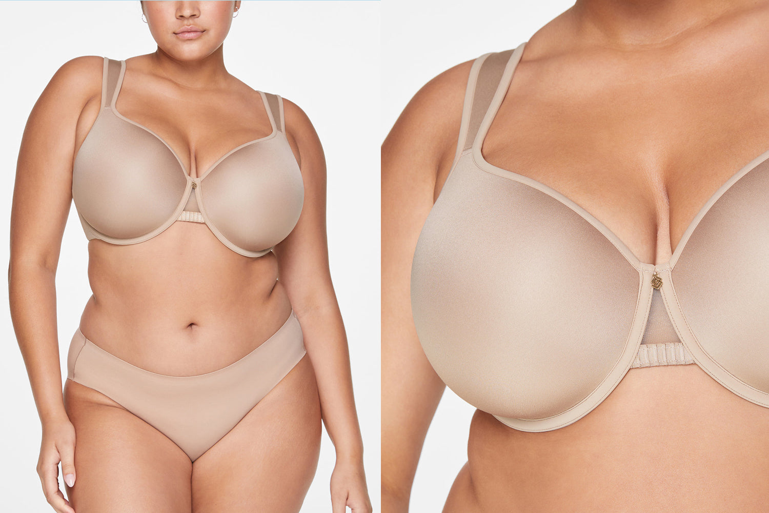 Three plus-size bras compared side by side showing differences in construction and hardware