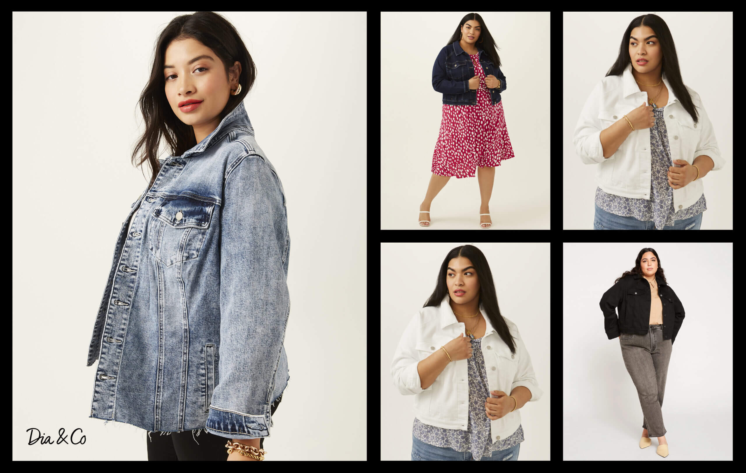 Three plus size denim jacket outfit ideas shown side by side