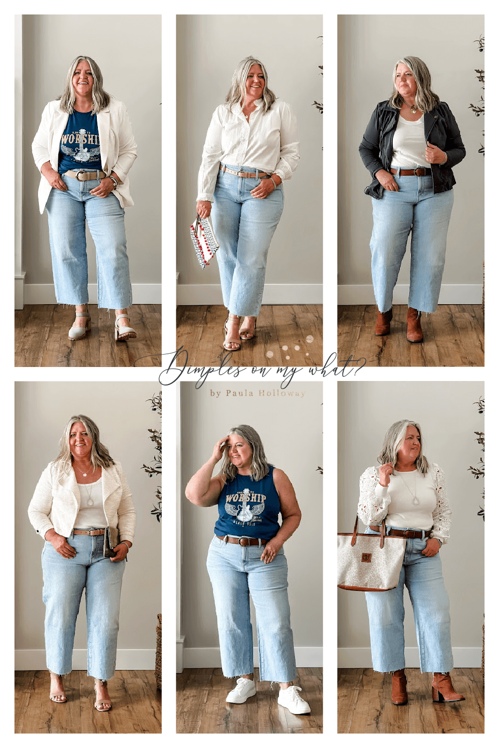Three plus-size styling options for baggy jeans showing tucked tank, half-tucked knit, and cropped cardigan