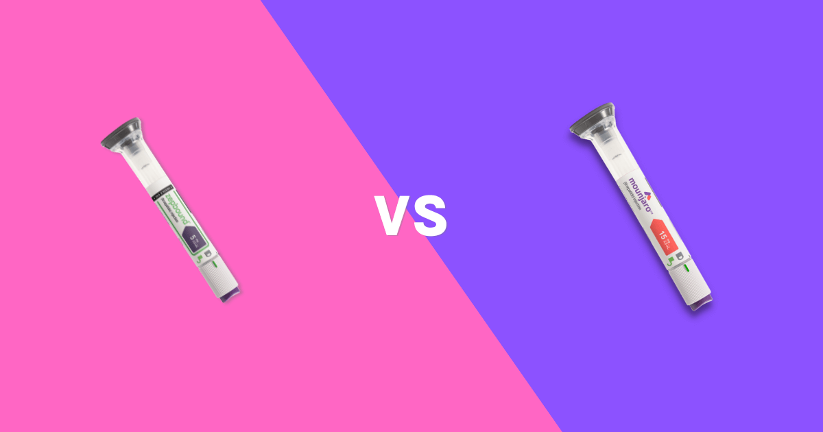 Two injectable pen-style medications shown side by side on a cream background for comparison