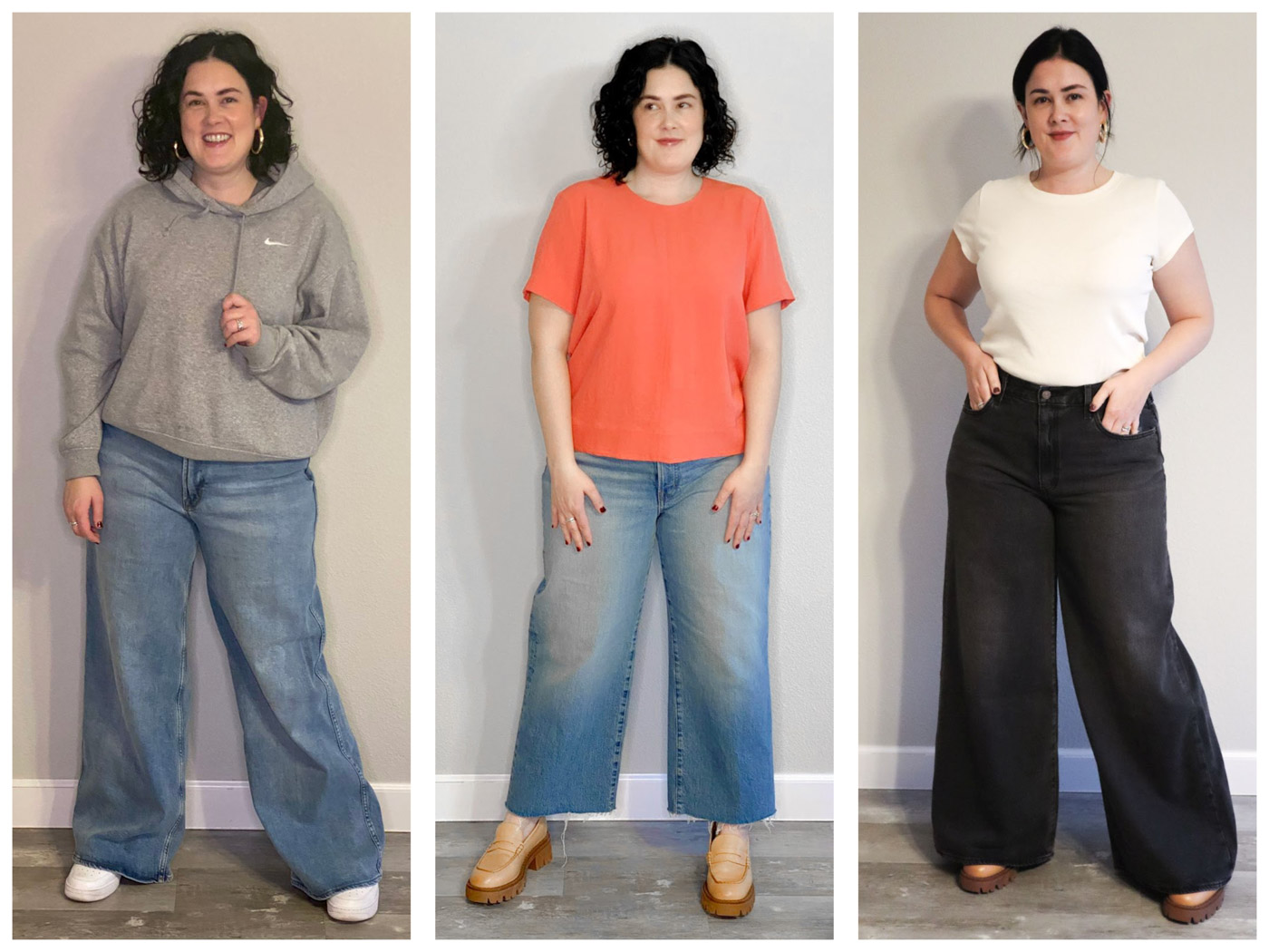 Two pairs of Madewell jeans arranged side by side - Curvy fit and Regular fit