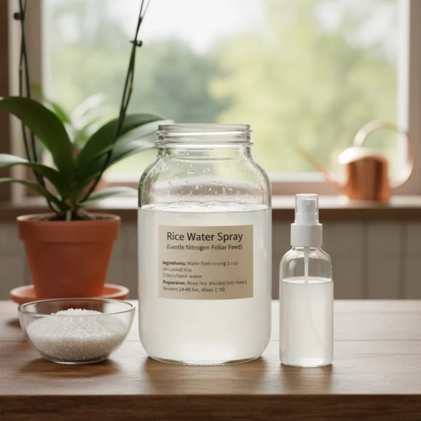 Glass spray bottle of fermented rice water beside a bowl of raw jasmine rice on marble counter, beauty editorial product photography
