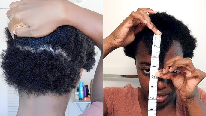 Measuring tape against a section of 4C natural hair held to white tile wall, documenting length measurement, beauty editorial photography