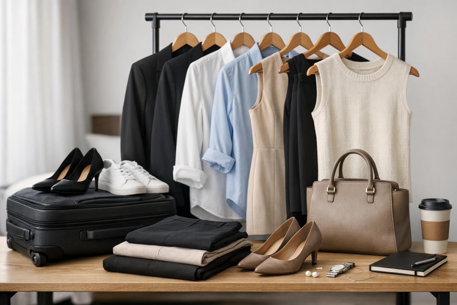 Editorial flat lay of the full girly officewear capsule blouse skirt pant dress and accessories