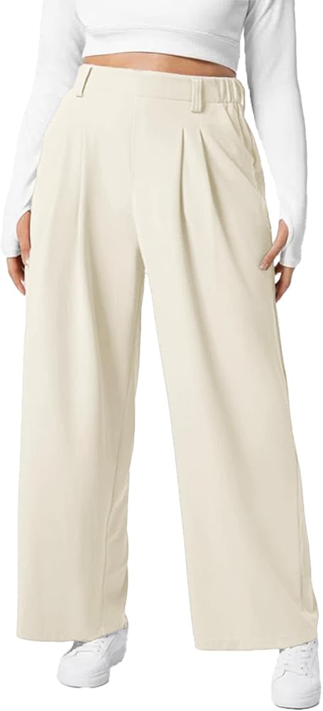 Abercrombie Plus Sloane Trouser in beige on a plus size body with a cream silk blouse