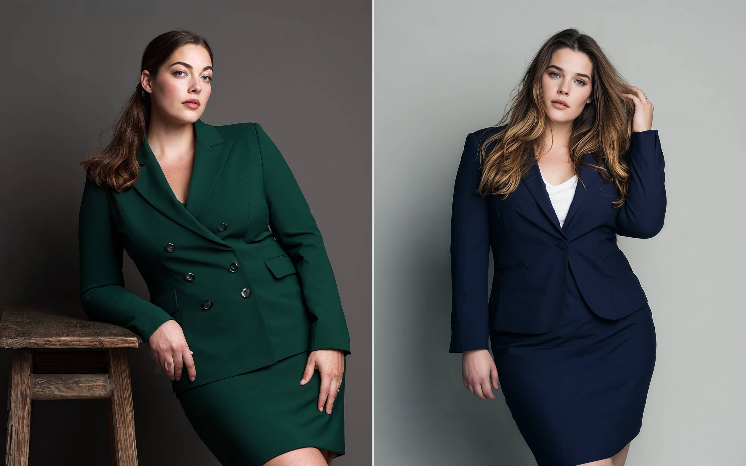 Side by side comparison of plus size bow front mini dress and pencil skirt blouse office looks