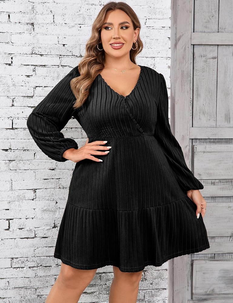 Flat-lay of Yours Clothing plus-size pieces including dark wash jeans striped knit jumper and black occasion dress