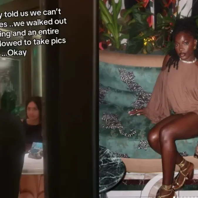 Plus-size Black woman photographing a dress for resale in her Atlanta apartment at night with a ring light, tripod, and laptop open to Poshmark