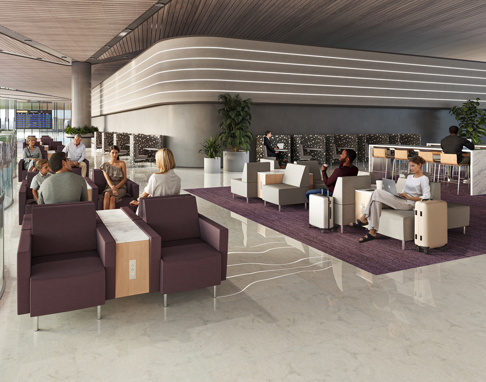 modern airport lounge interior with armless seating area