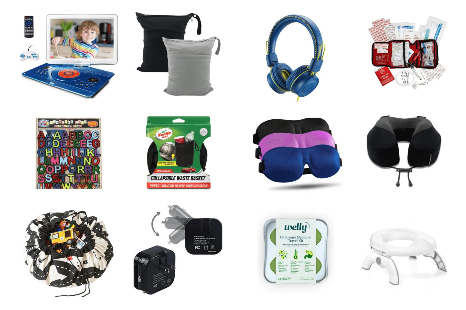 Plus-size road trip gear flatlay including lumbar cushion, electrolyte powder, compression socks, and snacks