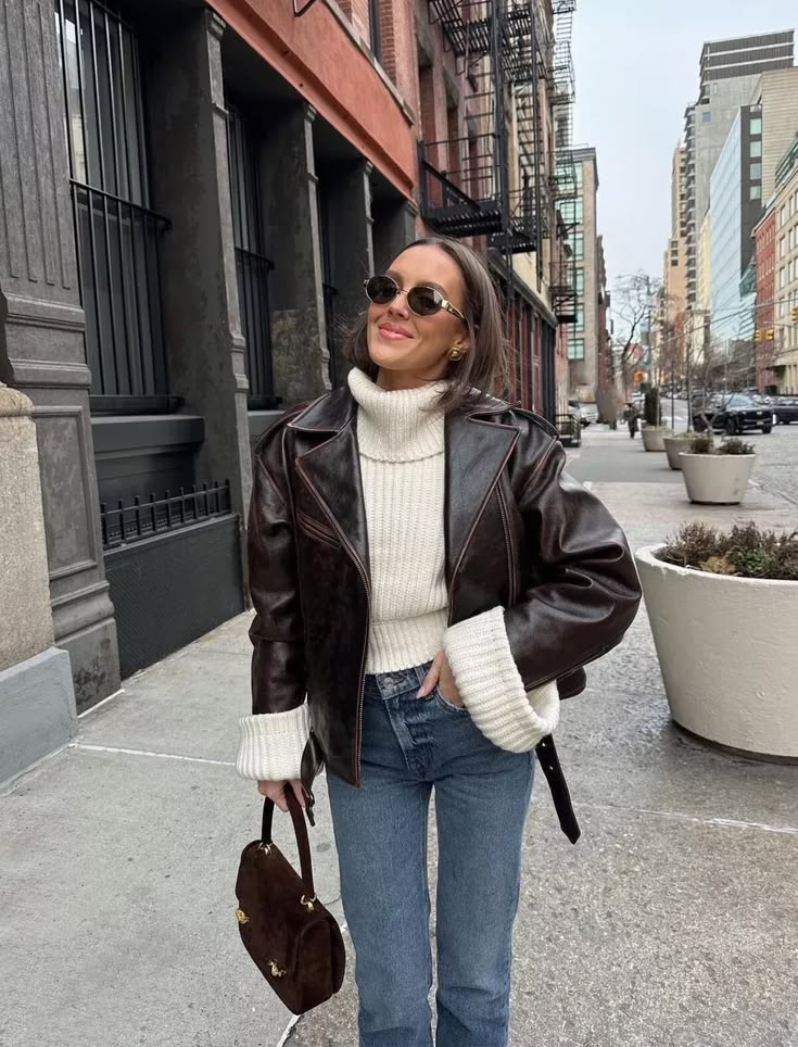 nap dress styled leather jacket boots structured bag city autumn