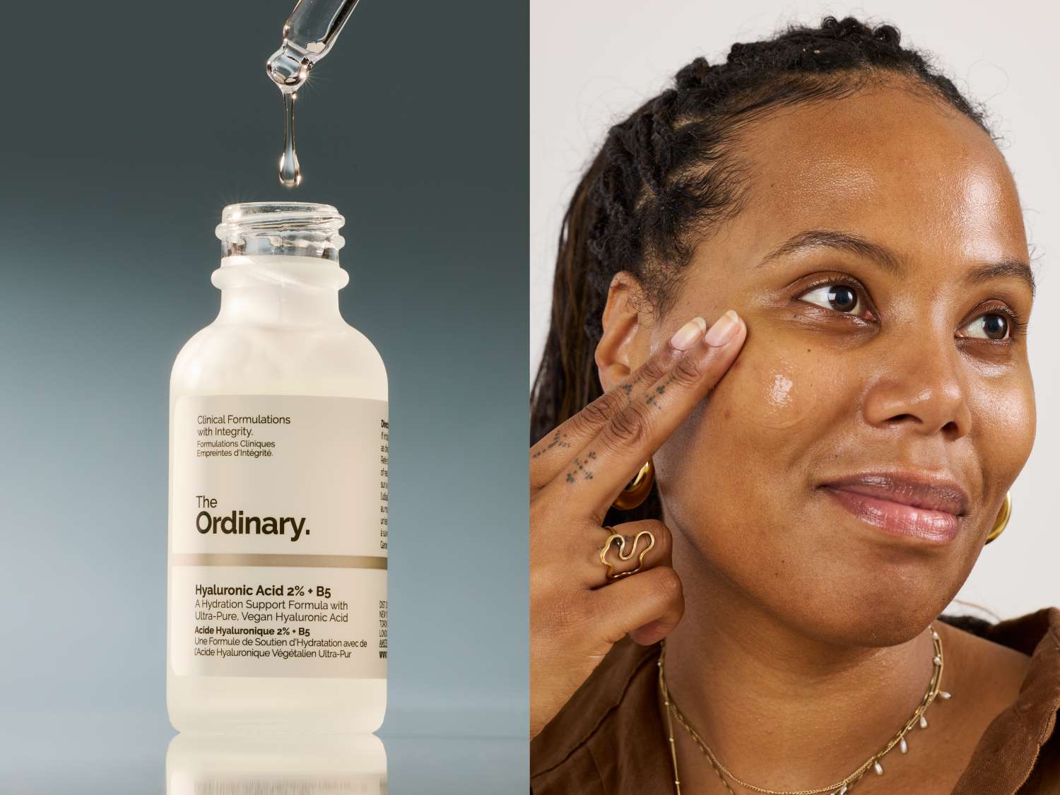 Black woman comparing an expensive face serum to a generic body lotion at her bathroom counter