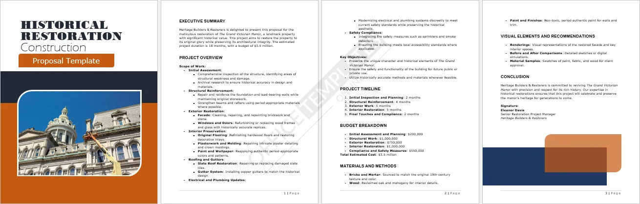 One-page proposal document with five labeled sections on wooden desk next to laptop