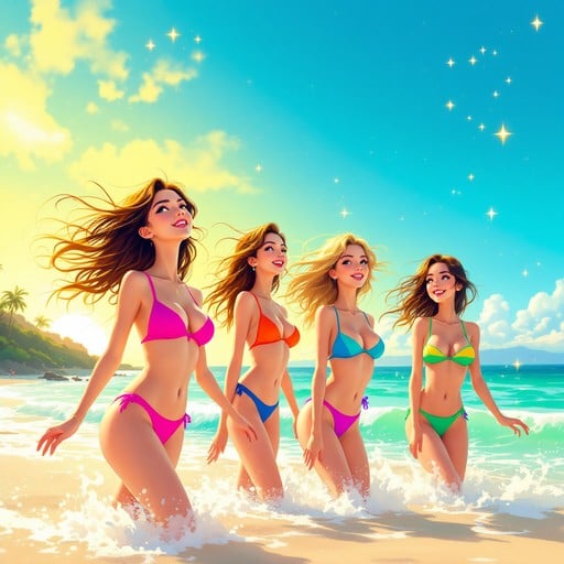 Three swimsuit silhouettes hanging in a brightly lit design studio: a high-waist bikini, a vertically seamed one-piece, and a halter tank, with measuring tape draped across the rack