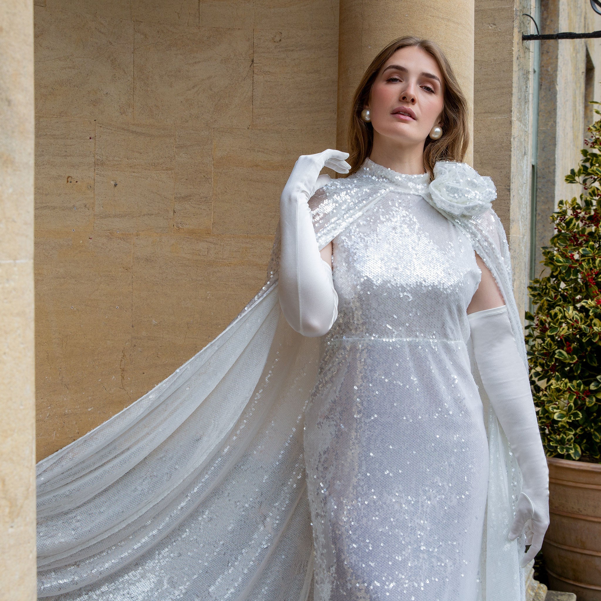white tie wedding floor length gown opera gloves elegant