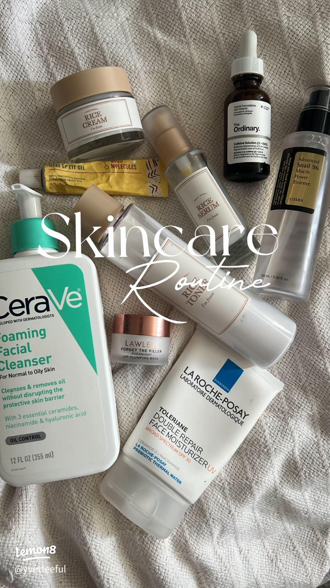 CeraVe The Ordinary EltaMD La Roche-Posay minimalist skincare flatlay