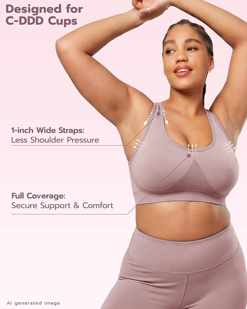 A plus-size woman adjusting a supportive bra strap comfortably