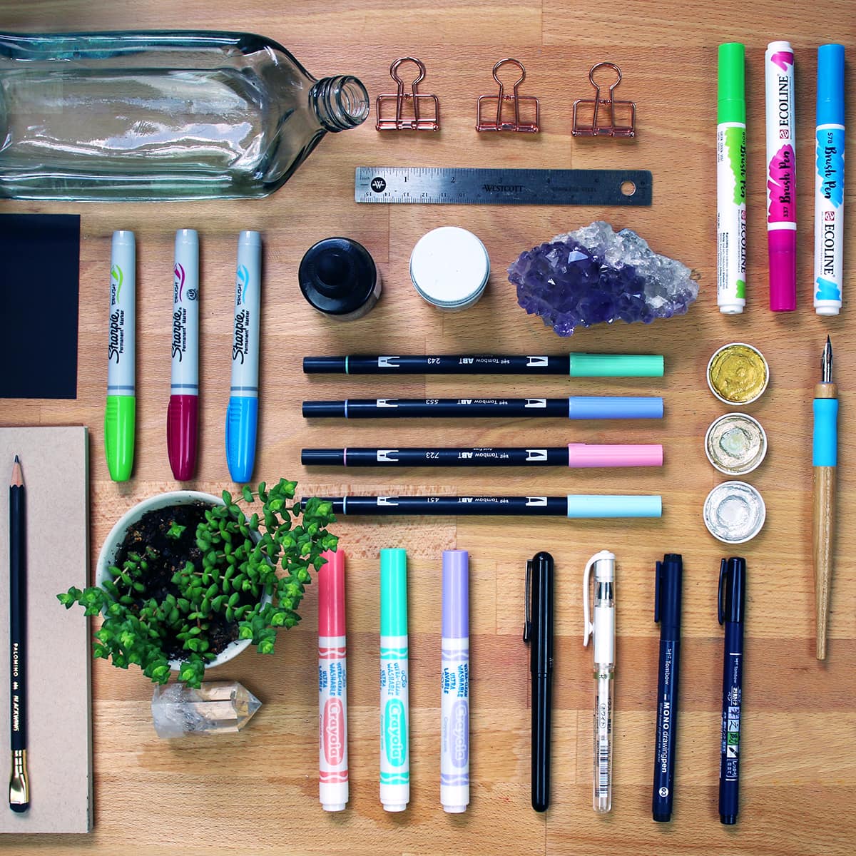 Beautiful flat-lay of journaling supplies for a mental health practice