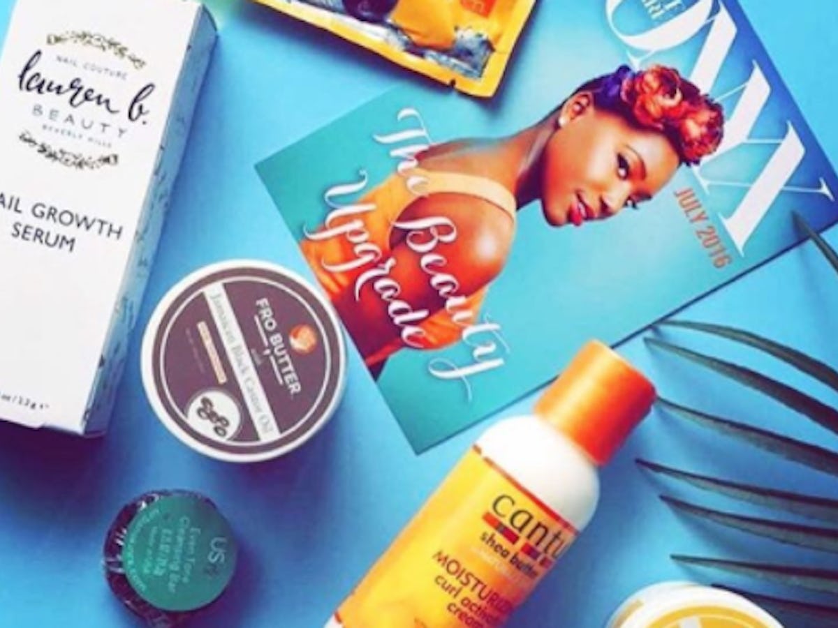 Beauty subscription box products for women of color on marble surface