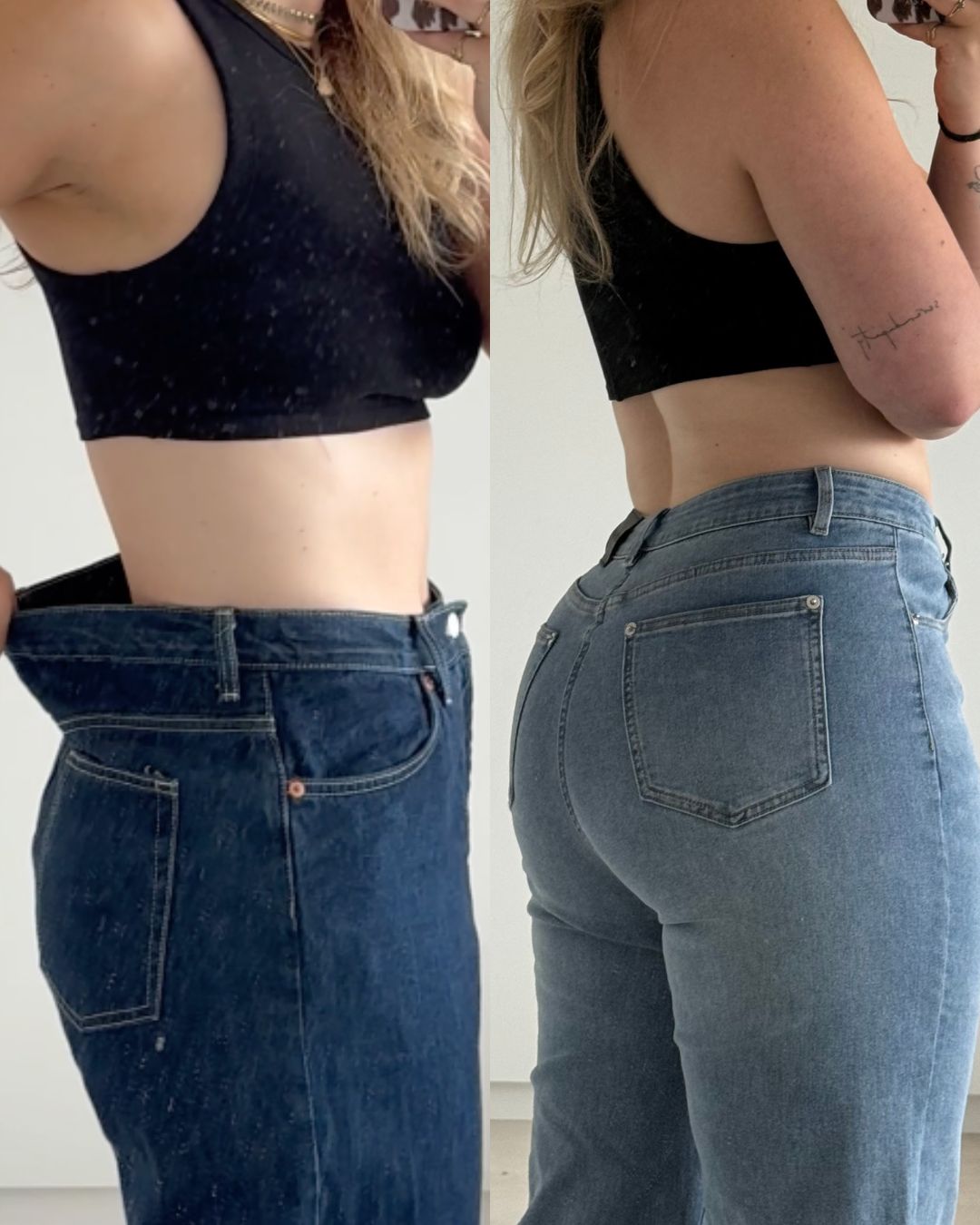 Before and after comparison of standard jeans gapping versus perfect curvy fit jeans