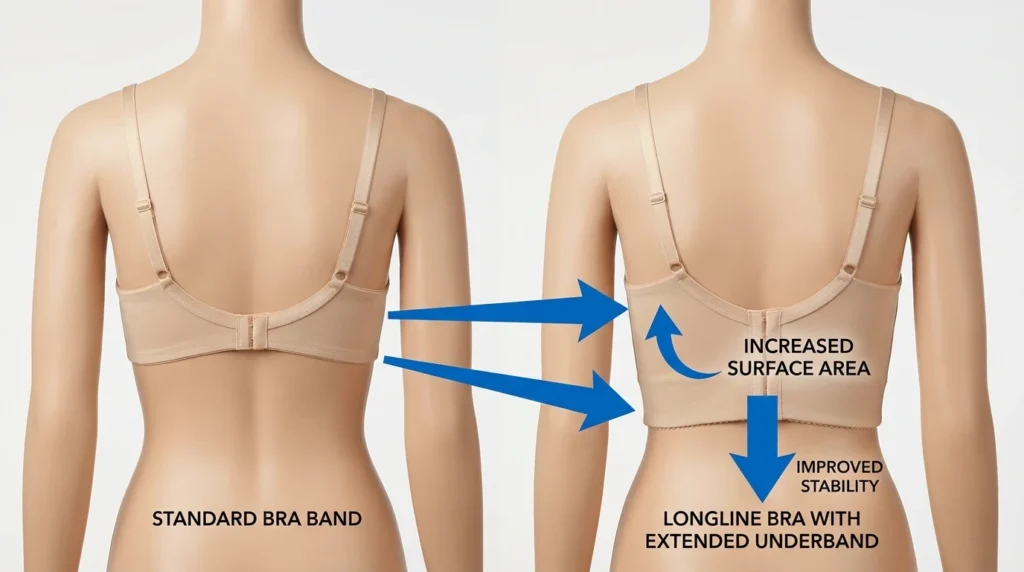 Comparison of a bra band sitting level versus riding up the back