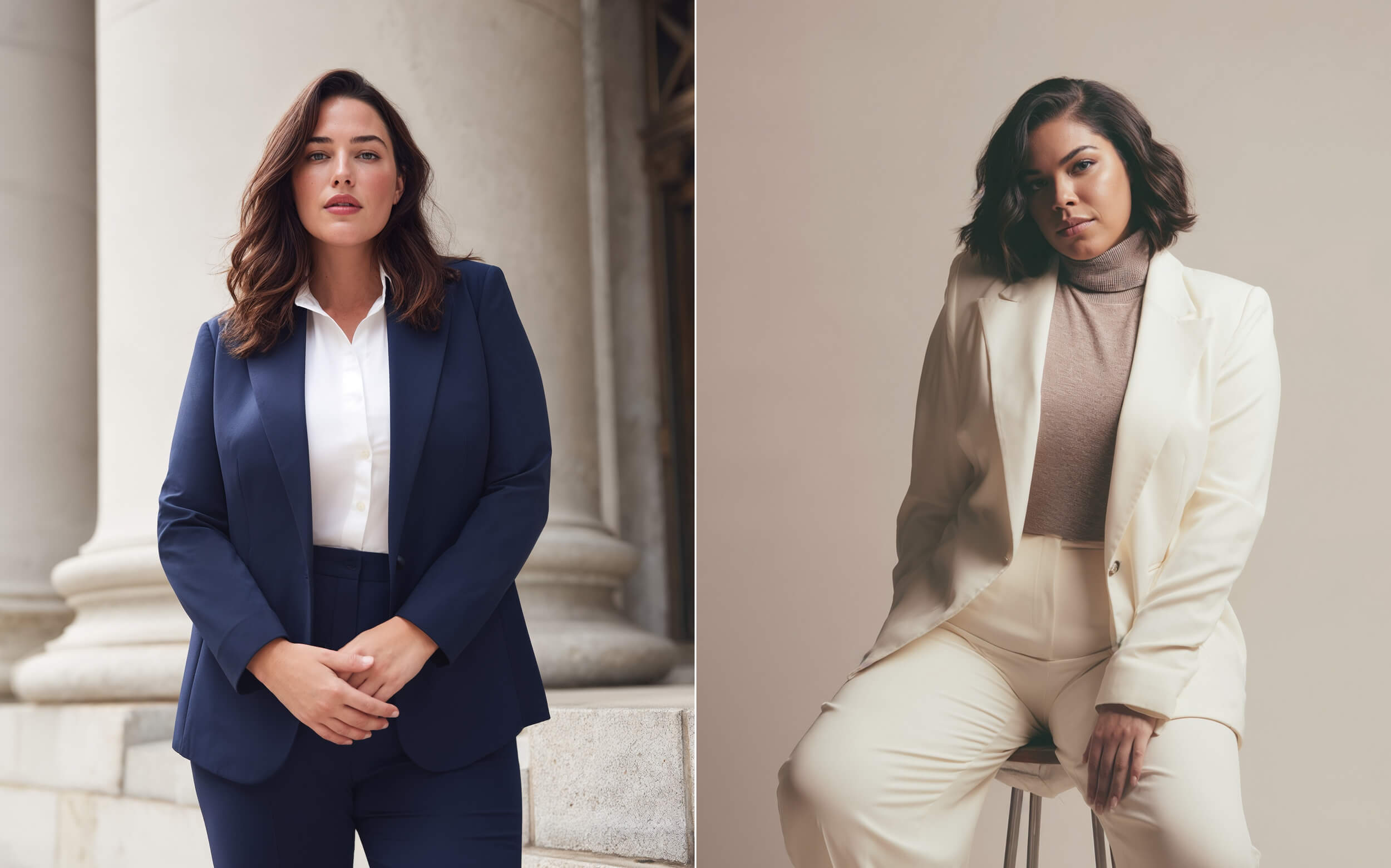 Confident plus-size woman in spring business casual walking through a modern office