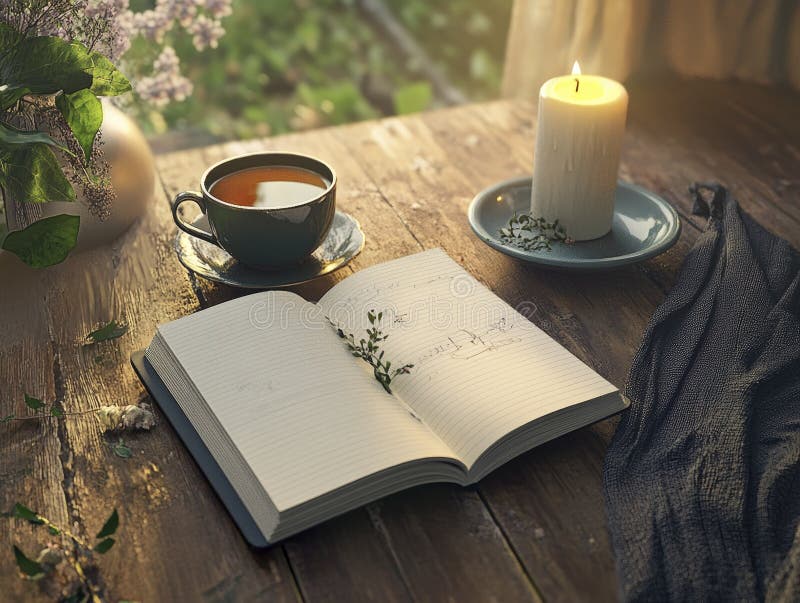 Cozy journaling setup with tea and candle for mental health reflection